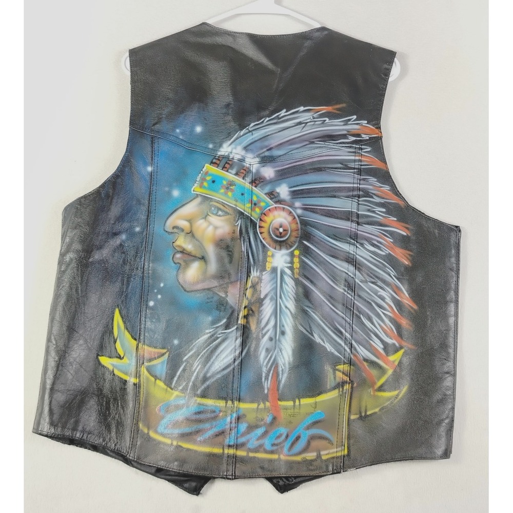 Vintage Hudson Leather Vest Mens XL Black Bikecore Hand Painted Chief Motorcycle